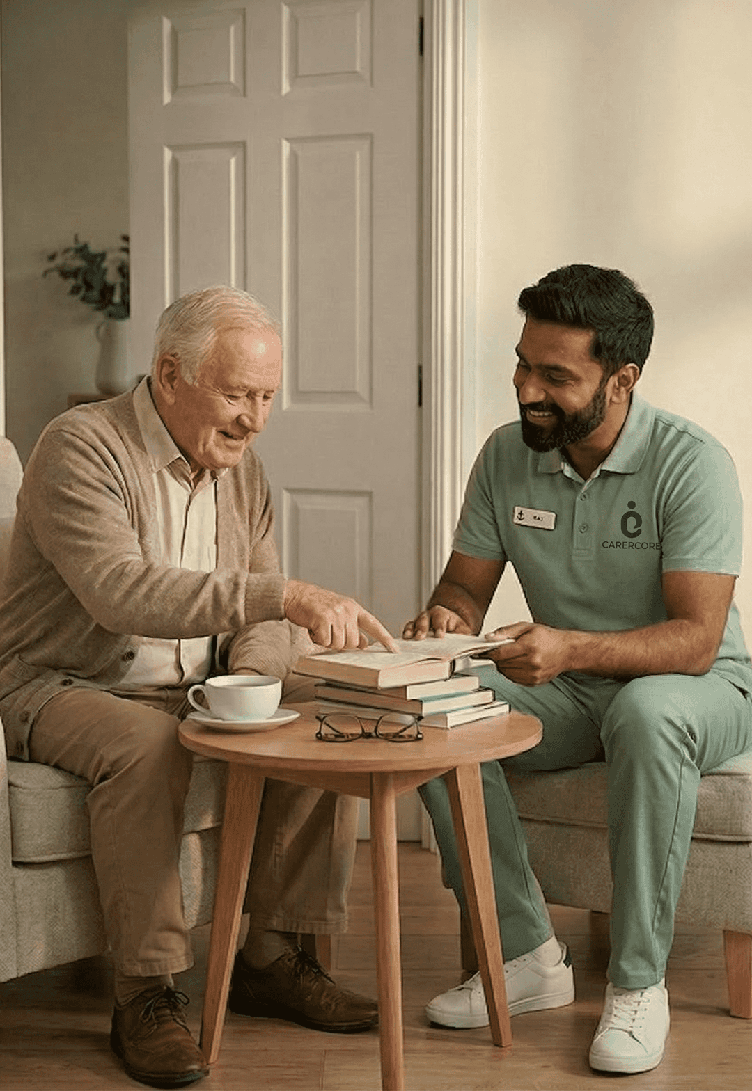 Caregiver and patient sitting together