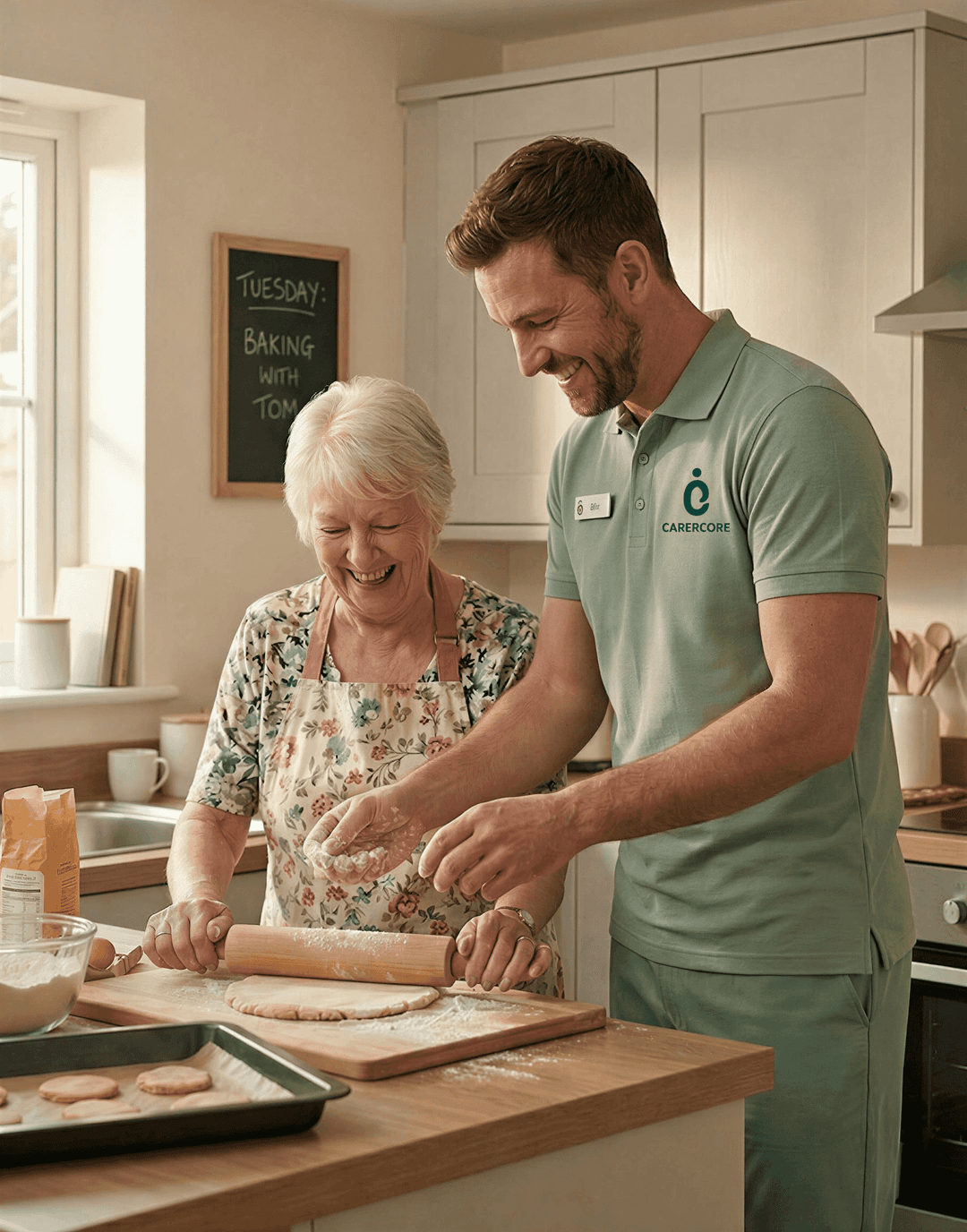 Caregiver helping patient in kitchen